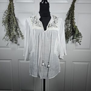 Hope & Harlow White Sheer Lace Renaissance Blouse Peasant Boho XL